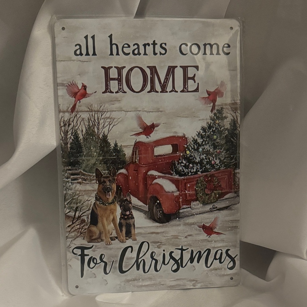 Christmas Metal Sign with Red Truck and Dogs